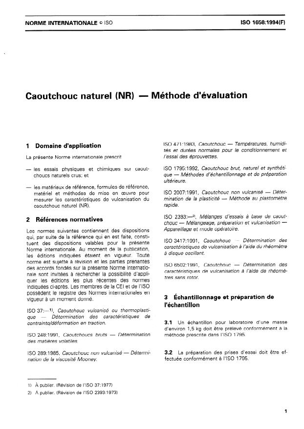 ISO 1658:1994 - Caoutchouc naturel (NR) -- Méthode d'évaluation