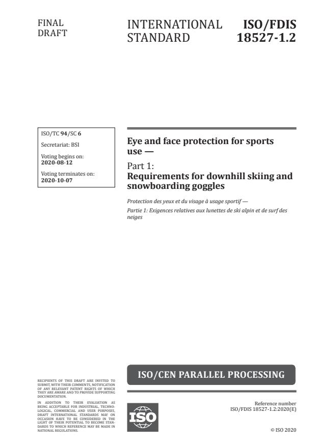 ISO/FDIS 18527-1.2:Version 13-okt-2020 - Eye and face protection for sports use