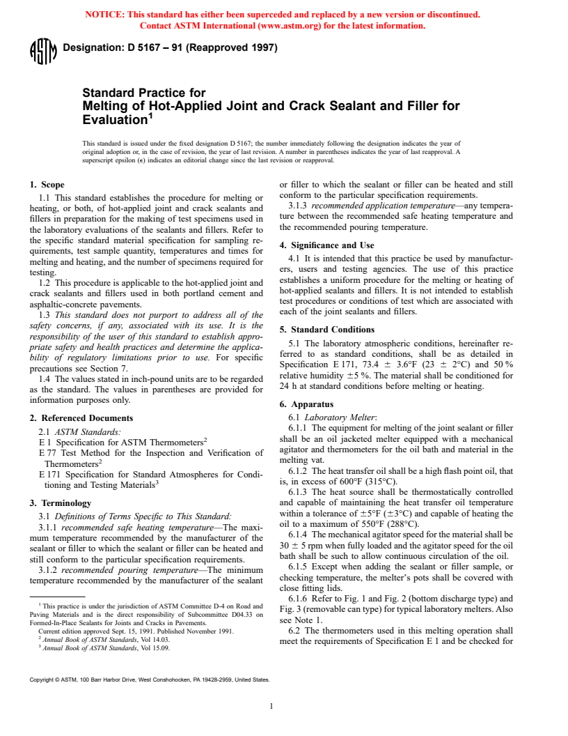 ASTM D5167-91(1997) - Standard Practice for Melting of Hot-Applied Joint and Crack Sealant and Filler for Evaluation