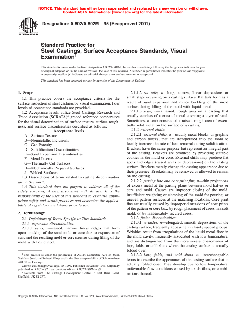 ASTM A802/A802M-95(2001) - Standard Practice for Steel Castings, Surface Acceptance Standards, Visual Examination