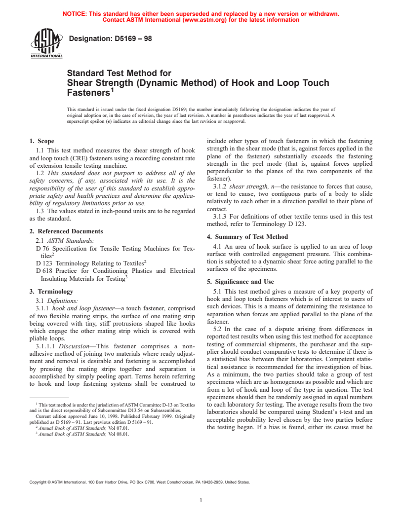 ASTM D5169-98 - Standard Test Method for Shear Strength (Dynamic Method) of Hook and Loop Touch Fasteners