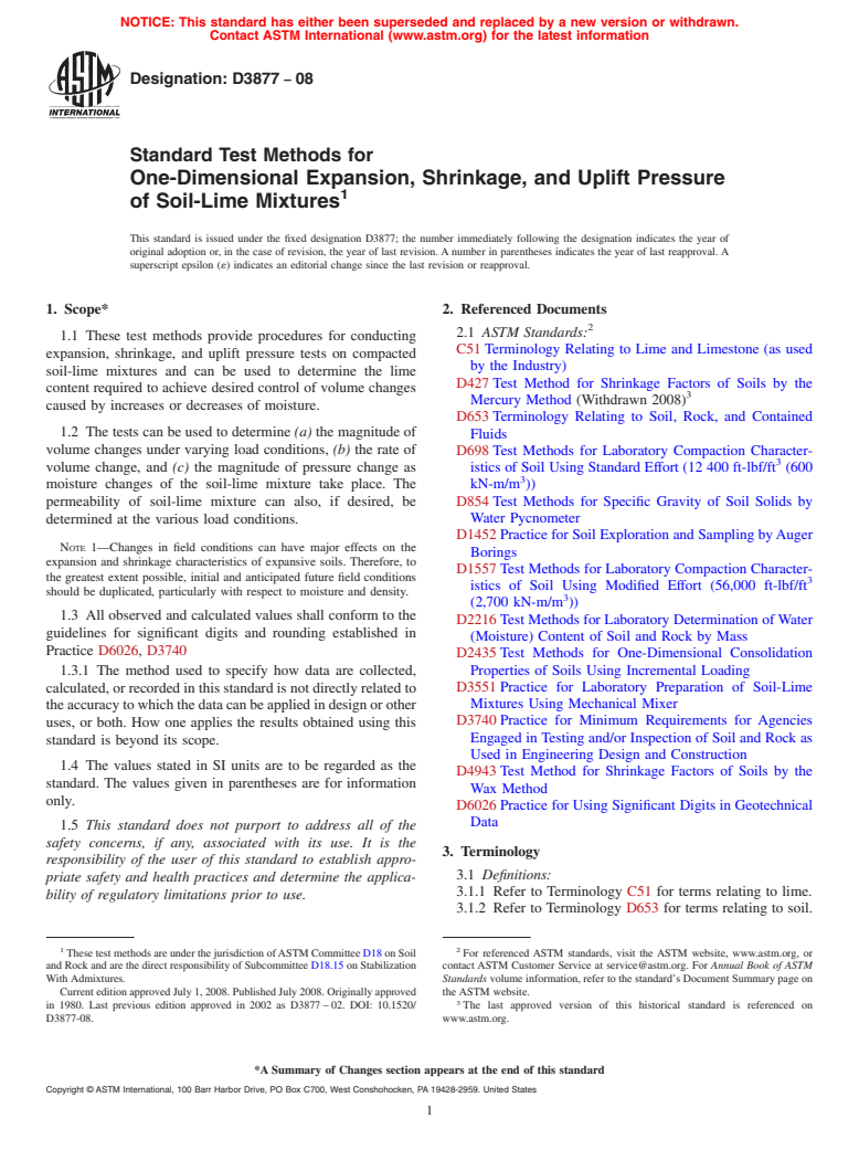 ASTM D3877-08 - Standard Test Methods for  One-Dimensional Expansion, Shrinkage, and Uplift Pressure of Soil-Lime Mixtures (Withdrawn 2017)