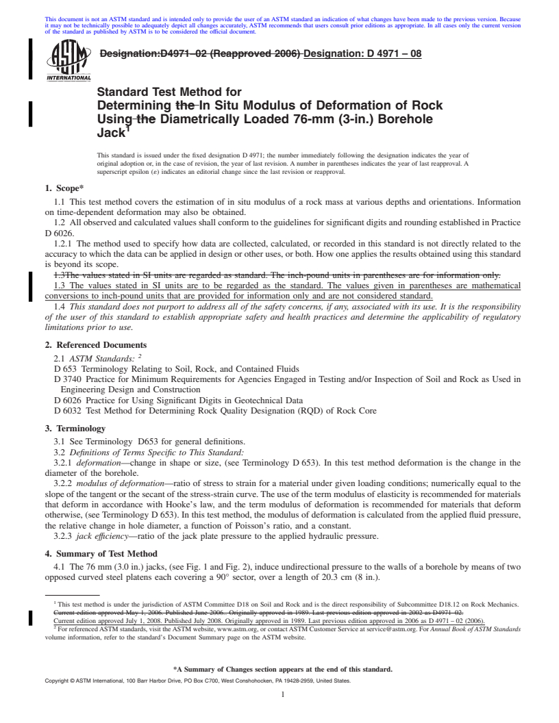 REDLINE ASTM D4971-08 - Standard Test Method for Determining In Situ Modulus of Deformation of Rock Using Diametrically Loaded 76-mm (3-in.) Borehole Jack