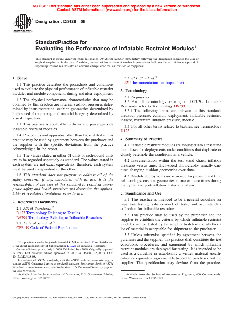 ASTM D5428-08 - Standard Practice for Evaluating the Performance of Inflatable Restraint Modules