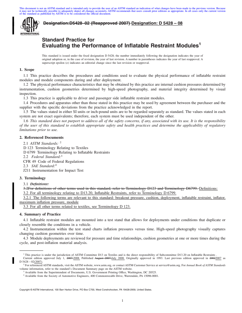 REDLINE ASTM D5428-08 - Standard Practice for Evaluating the Performance of Inflatable Restraint Modules