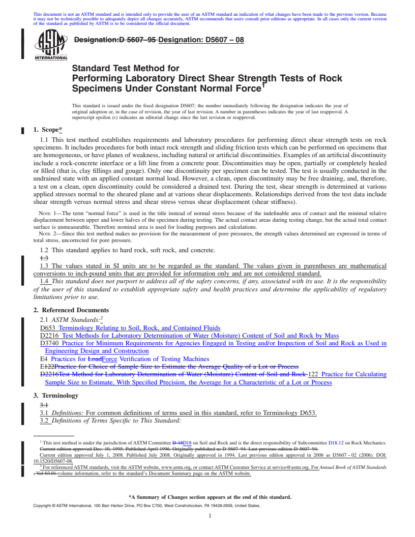 REDLINE ASTM D5607-08 - Standard Test Method for  Performing Laboratory Direct Shear Strength Tests of Rock Specimens Under Constant Normal Force