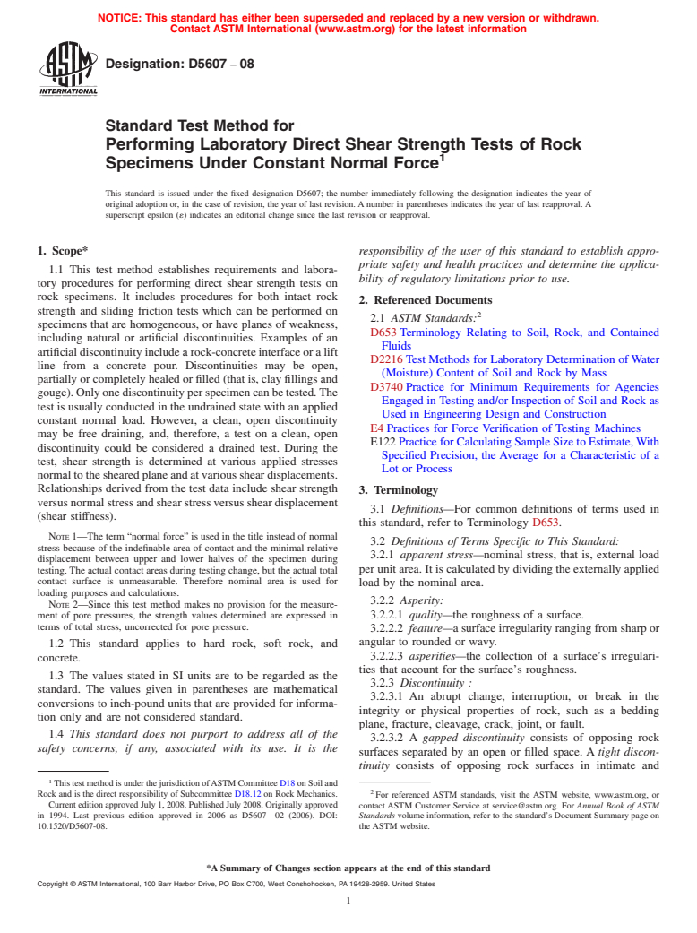 ASTM D5607-08 - Standard Test Method for  Performing Laboratory Direct Shear Strength Tests of Rock Specimens Under Constant Normal Force