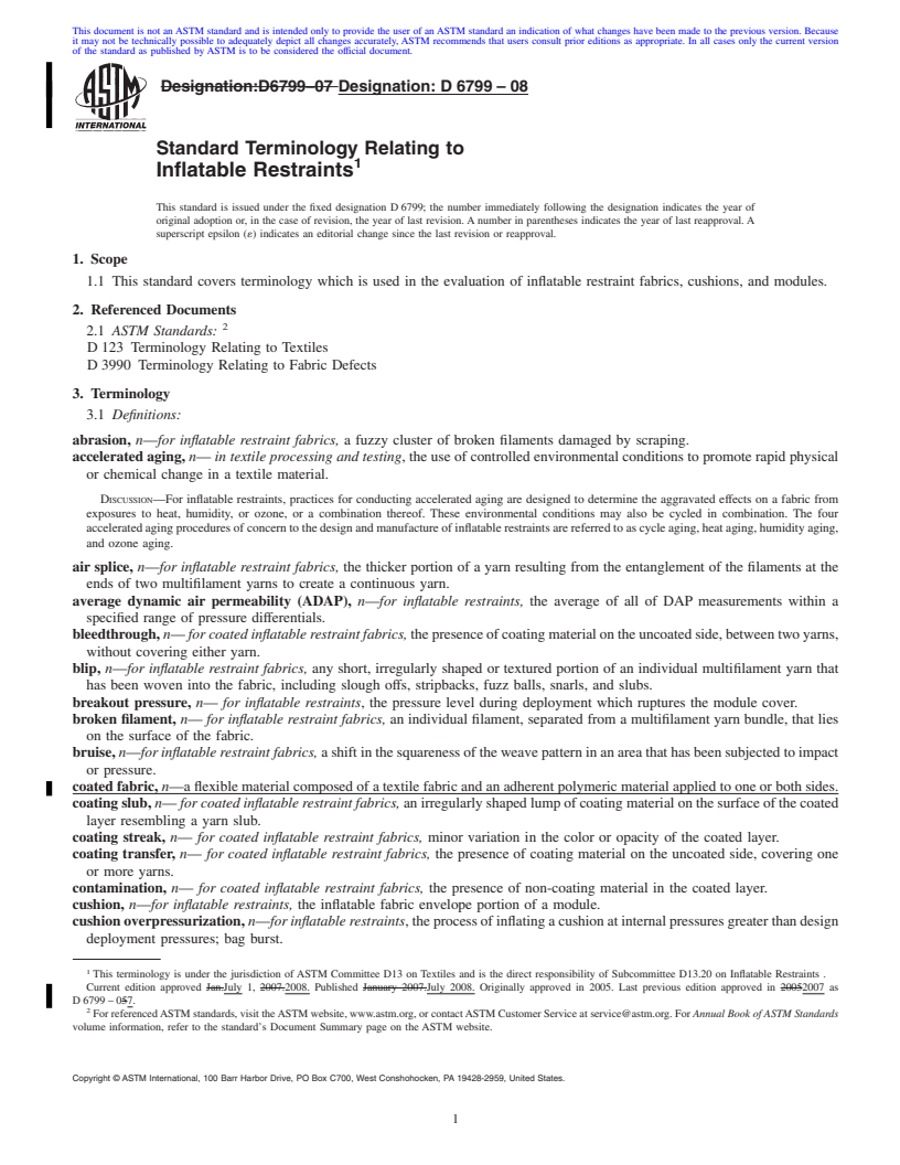 REDLINE ASTM D6799-08 - Standard Terminology Relating to Inflatable Restraints