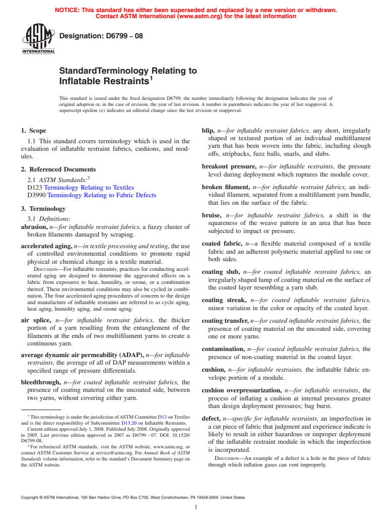 ASTM D6799-08 - Standard Terminology Relating to Inflatable Restraints