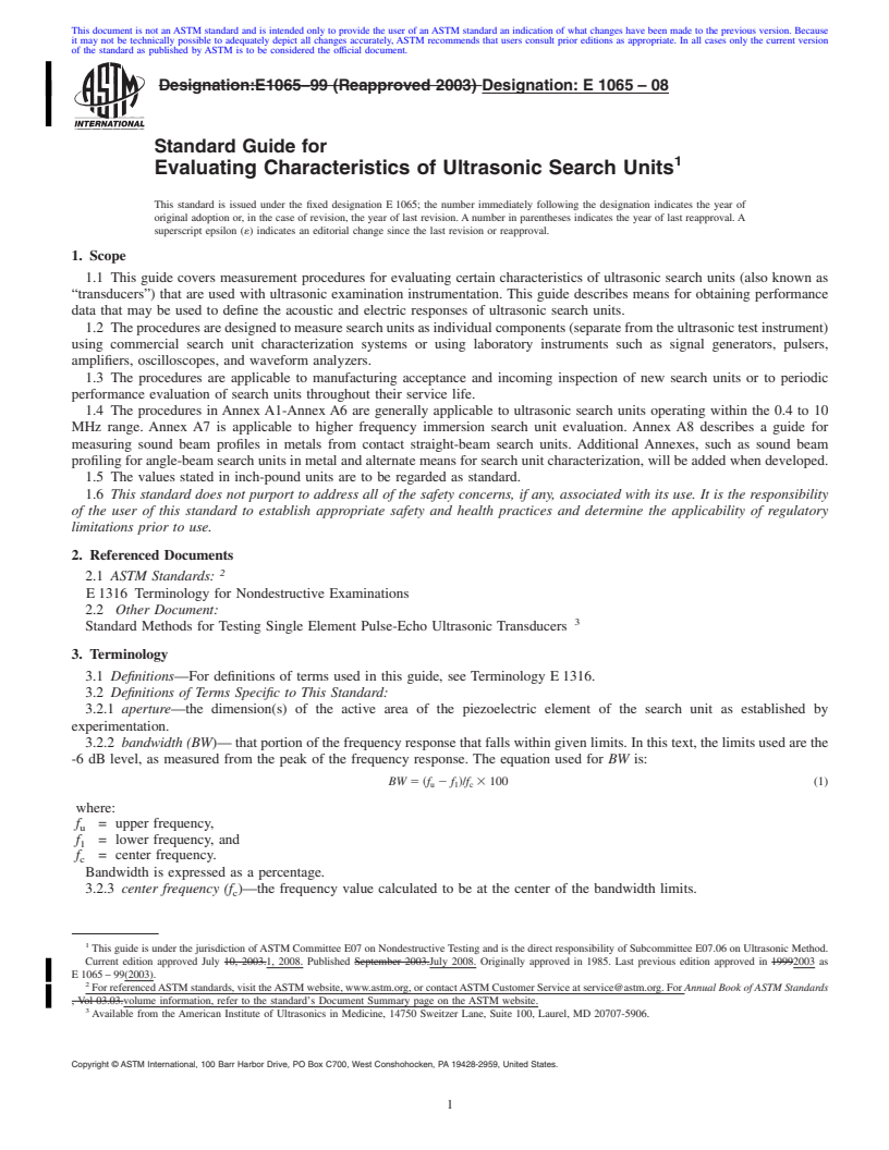 REDLINE ASTM E1065-08 - Standard Guide for  Evaluating Characteristics of Ultrasonic Search Units