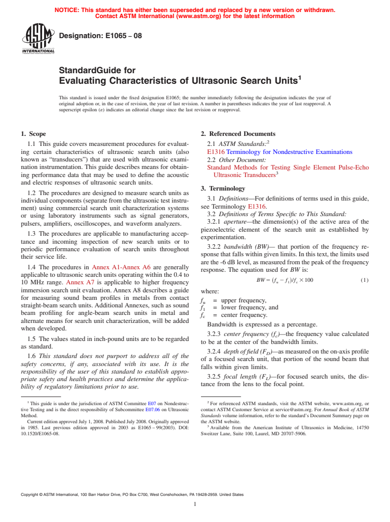 ASTM E1065-08 - Standard Guide for  Evaluating Characteristics of Ultrasonic Search Units