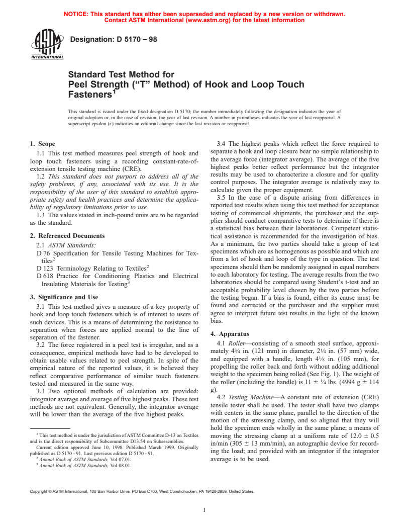 ASTM D5170-98 - Standard Test Method for Peel Strength ("T" Method) of Hook and Loop Touch Fasteners