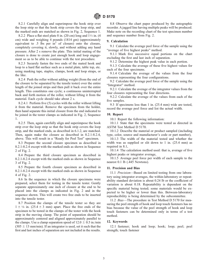 ASTM D5170-98 - Standard Test Method for Peel Strength ("T" Method) of Hook and Loop Touch Fasteners