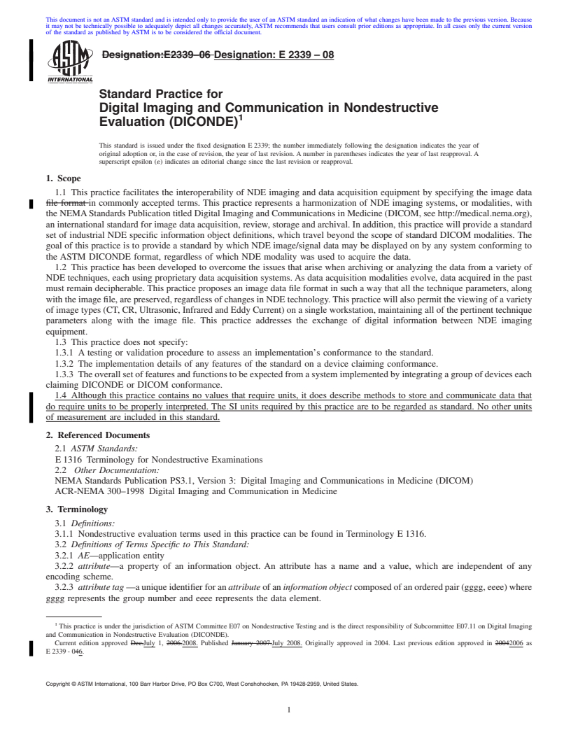 REDLINE ASTM E2339-08 - Standard Practice for Digital Imaging and Communication in Nondestructive Evaluation (DICONDE)