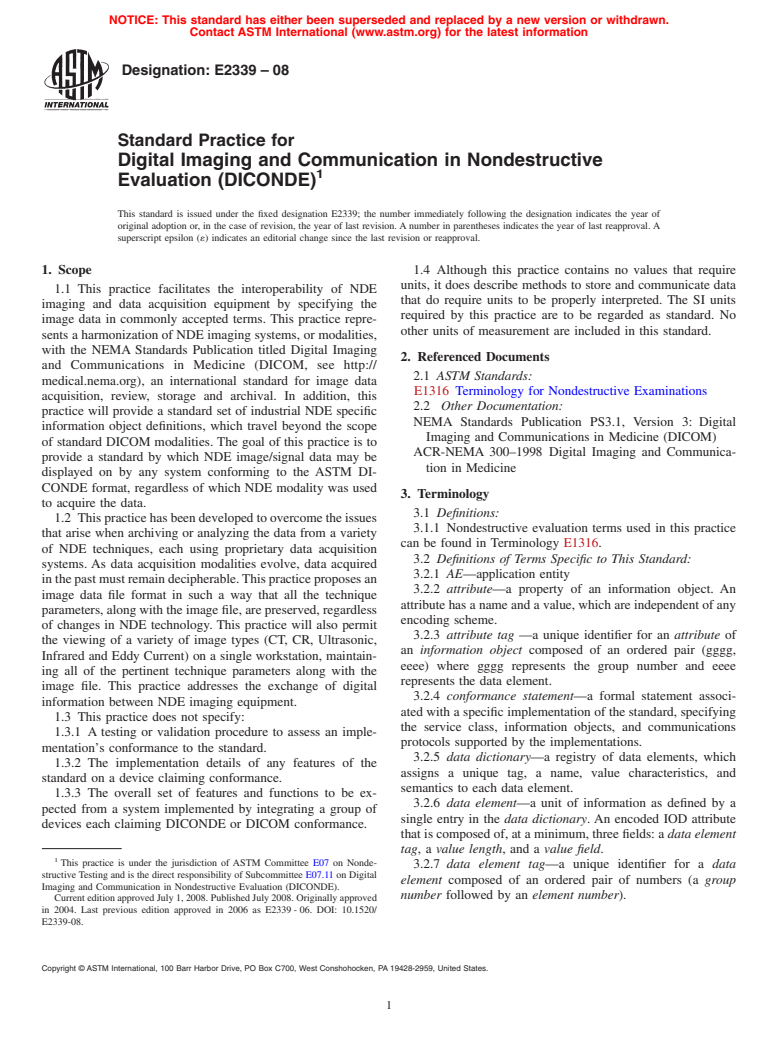 ASTM E2339-08 - Standard Practice for Digital Imaging and Communication in Nondestructive Evaluation (DICONDE)