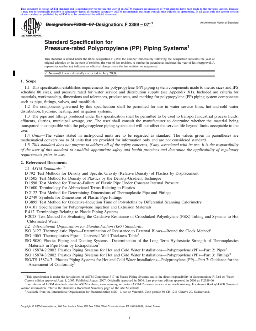 REDLINE ASTM F2389-07e1 - Standard Specification for Pressure-rated Polypropylene (PP) Piping Systems