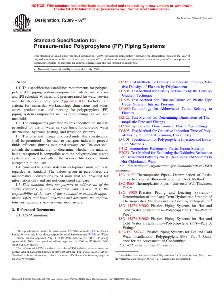 ASTM F2389-07e1 - Standard Specification for Pressure-rated Polypropylene (PP) Piping Systems