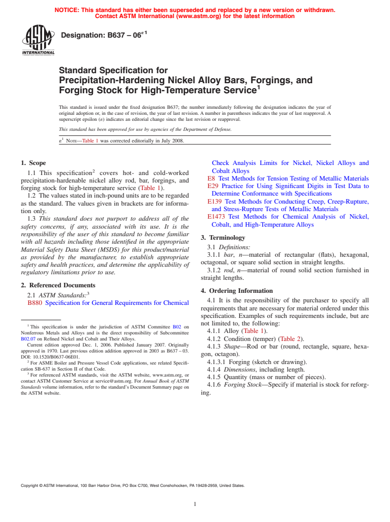 ASTM B637-06e1 - Standard Specification for  Precipitation-Hardening Nickel Alloy Bars, Forgings, and Forging Stock  for High-Temperature Service