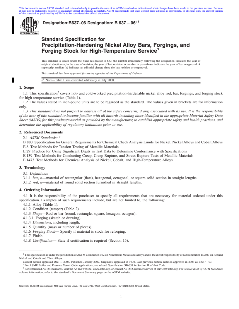 REDLINE ASTM B637-06e1 - Standard Specification for  Precipitation-Hardening Nickel Alloy Bars, Forgings, and Forging Stock  for High-Temperature Service