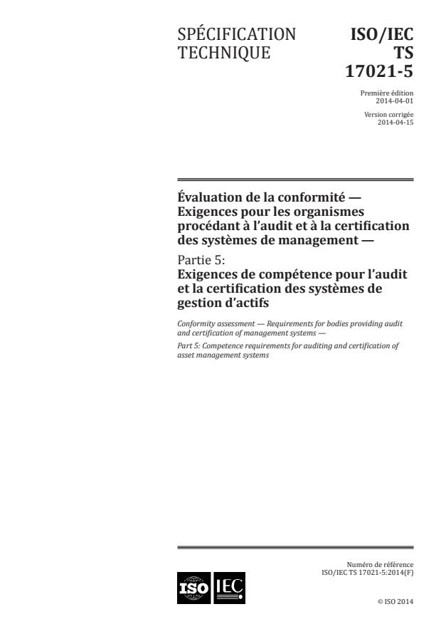 ISO/IEC TS 17021-5:2014 - Évaluation de la conformité -- Exigences pour les organismes procédant a l'audit et a la certification des systemes de management