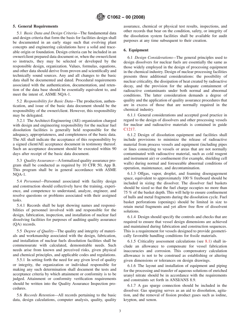 ASTM C1062-00(2008) - Standard Guide for Design, Fabrication, and Installation of Nuclear Fuel Dissolution Facilities
