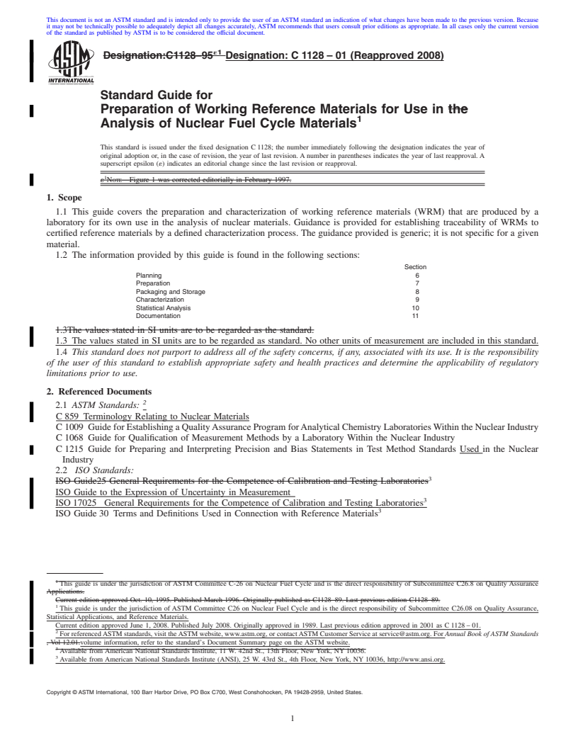 REDLINE ASTM C1128-01(2008) - Standard Guide for Preparation of Working Reference Materials for Use in Analysis of Nuclear Fuel Cycle Materials