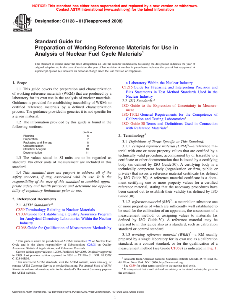 ASTM C1128-01(2008) - Standard Guide for Preparation of Working Reference Materials for Use in Analysis of Nuclear Fuel Cycle Materials