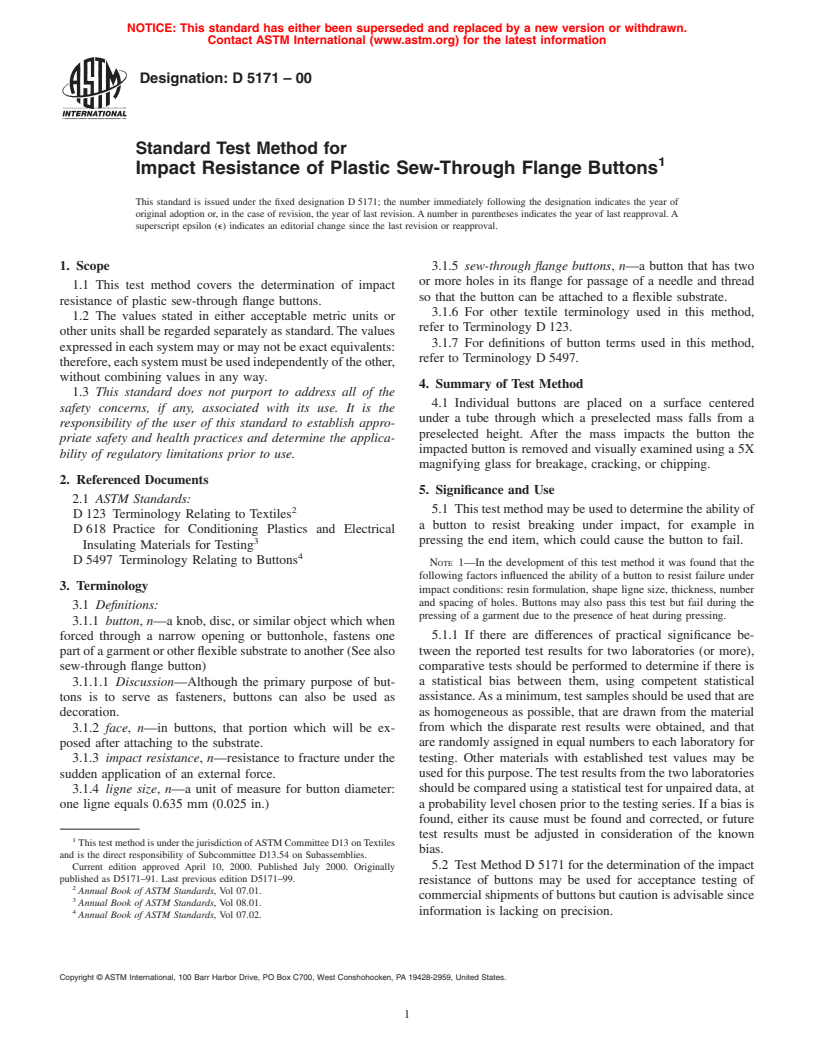 ASTM D5171-00 - Standard Test Method for Impact Resistance of Plastic Sew-Through Flange Buttons