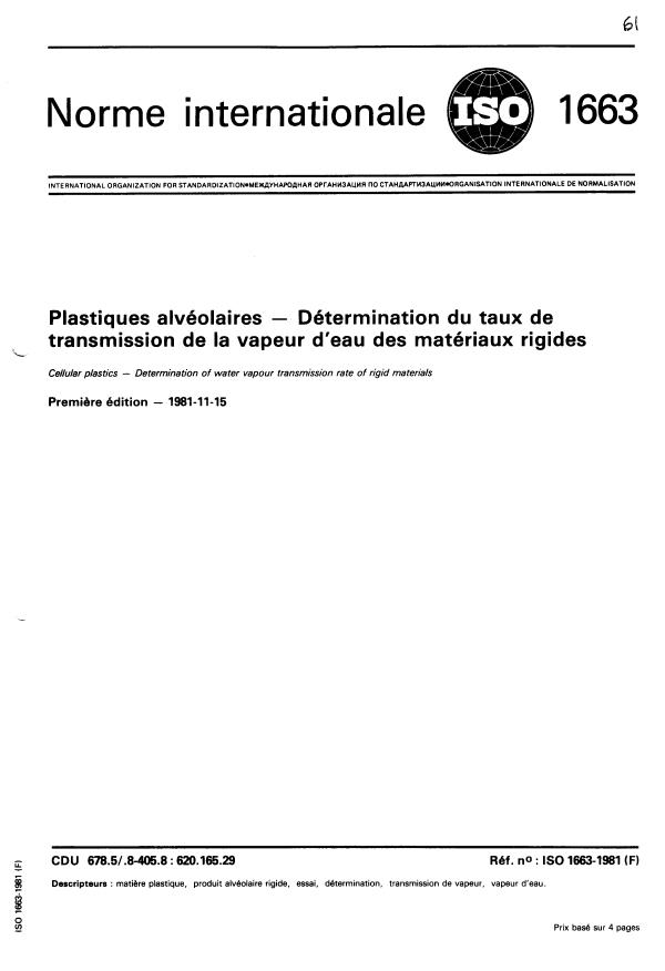 ISO 1663:1981 - Plastiques alvéolaires -- Détermination du taux de transmission de la vapeur d'eau des matériaux rigides