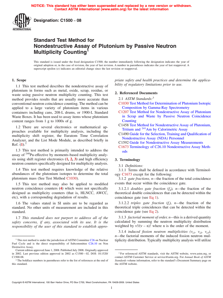 ASTM C1500-08 - Standard Test Method for Nondestructive Assay of Plutonium by Passive Neutron Multiplicity Counting