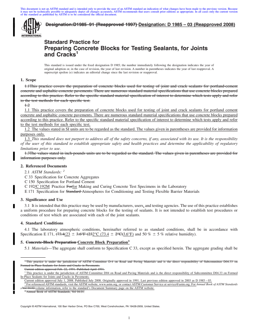 REDLINE ASTM D1985-03(2008) - Standard Practice for Preparing Concrete Blocks for Testing Sealants, for Joints and Cracks