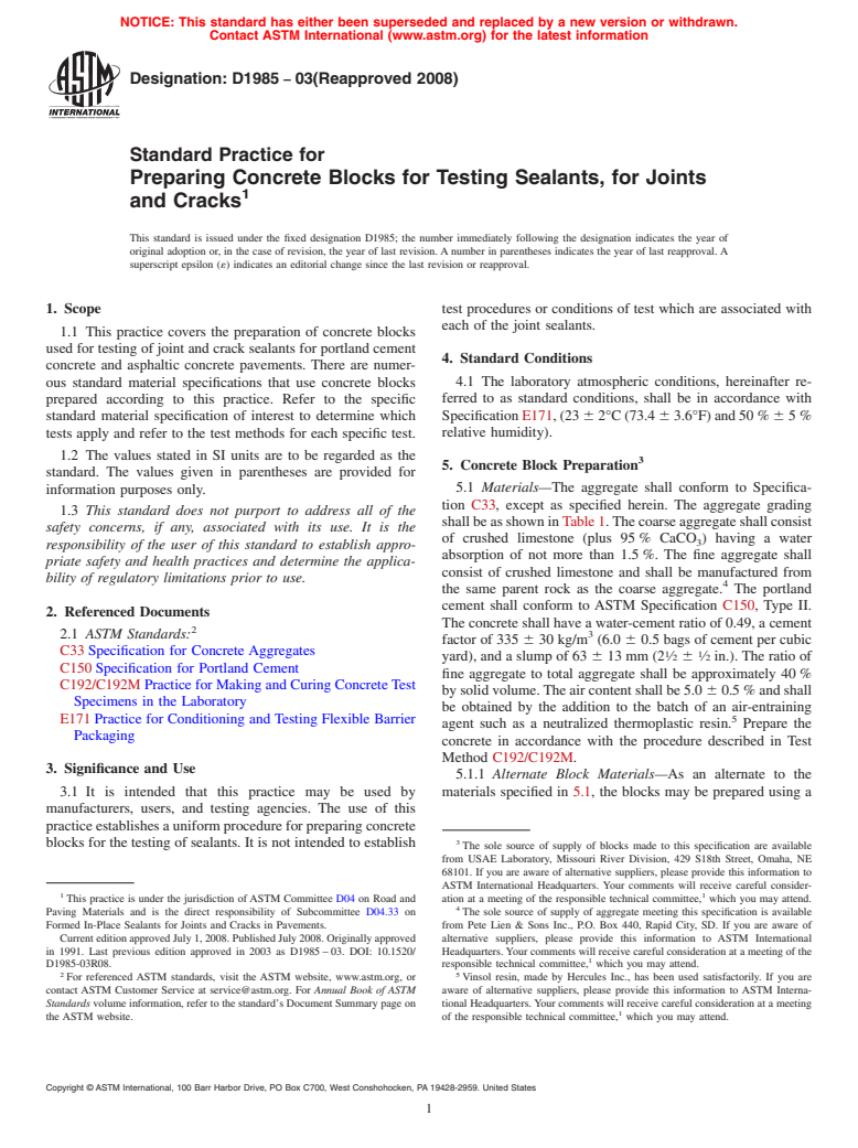 ASTM D1985-03(2008) - Standard Practice for Preparing Concrete Blocks for Testing Sealants, for Joints and Cracks