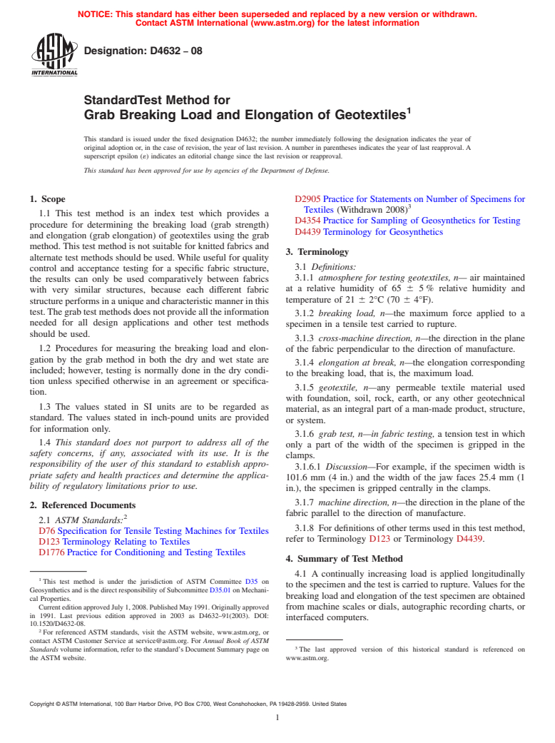 ASTM D4632-08 - Standard Test Method for  Grab Breaking Load and Elongation of Geotextiles