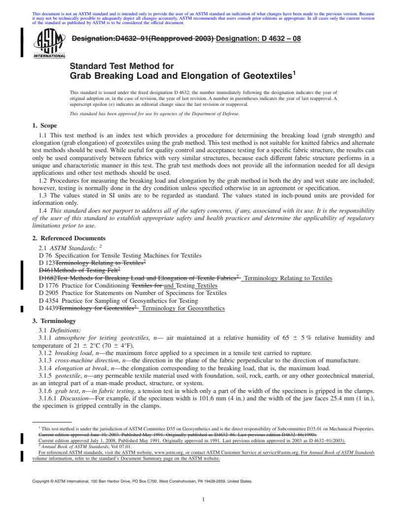 REDLINE ASTM D4632-08 - Standard Test Method for  Grab Breaking Load and Elongation of Geotextiles