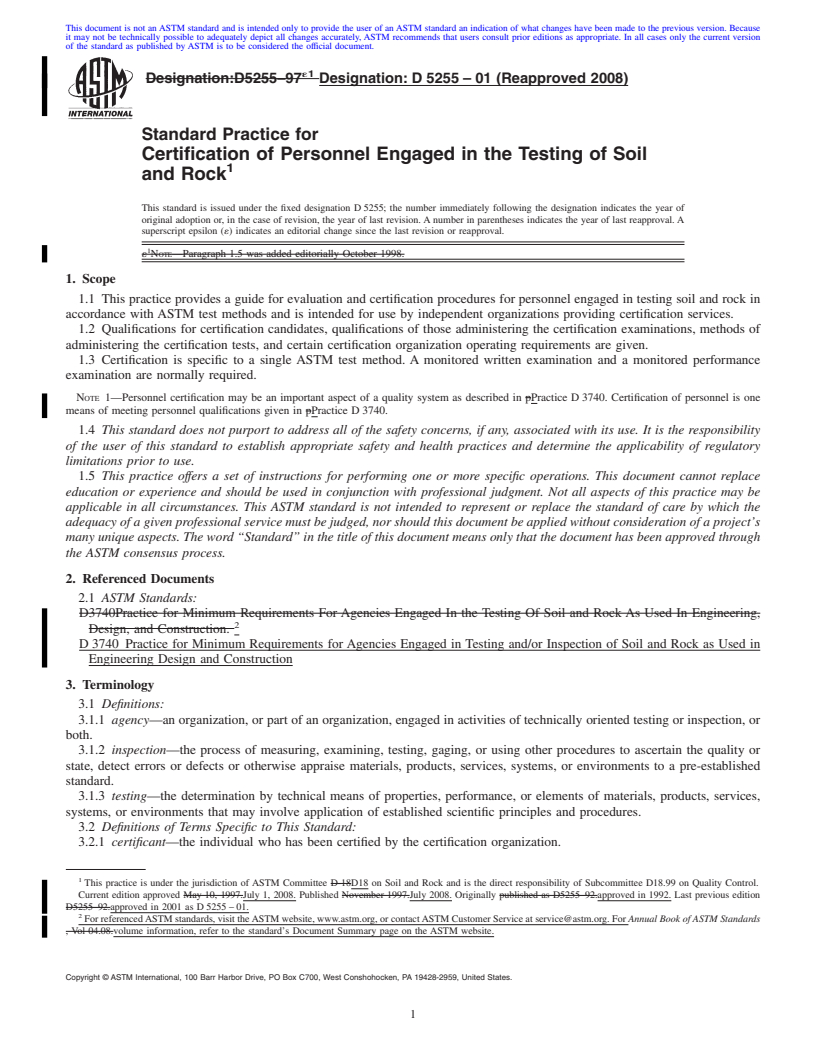 REDLINE ASTM D5255-01(2008) - Standard Practice for Certification of Personnel Engaged in the Testing of Soil and Rock