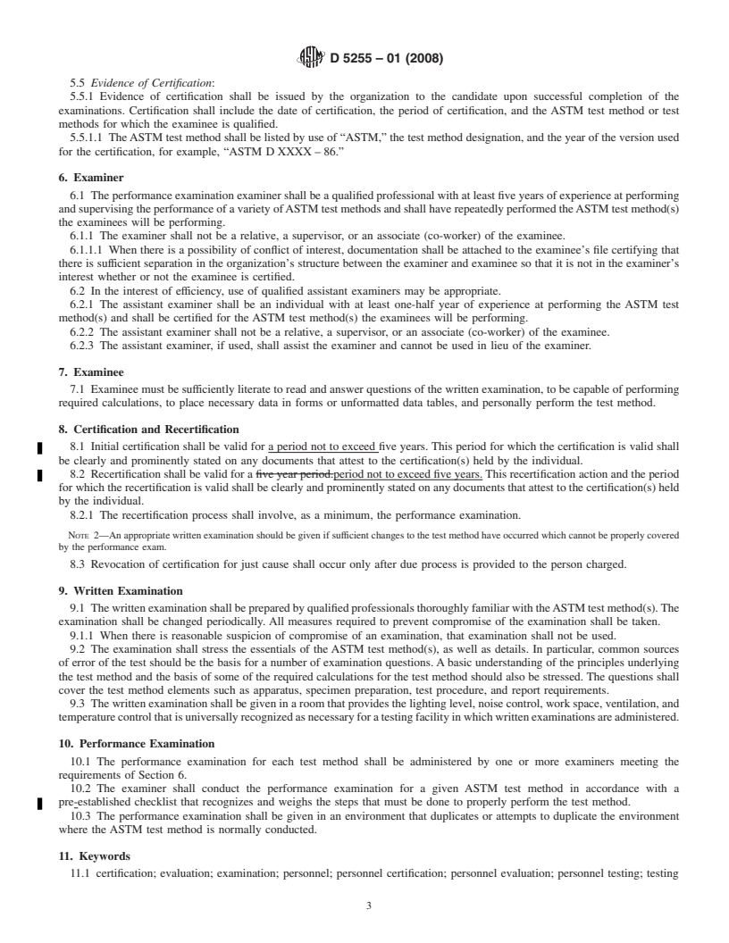 REDLINE ASTM D5255-01(2008) - Standard Practice for Certification of Personnel Engaged in the Testing of Soil and Rock