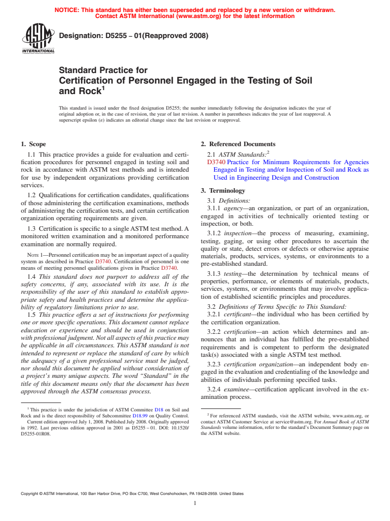 ASTM D5255-01(2008) - Standard Practice for Certification of Personnel Engaged in the Testing of Soil and Rock