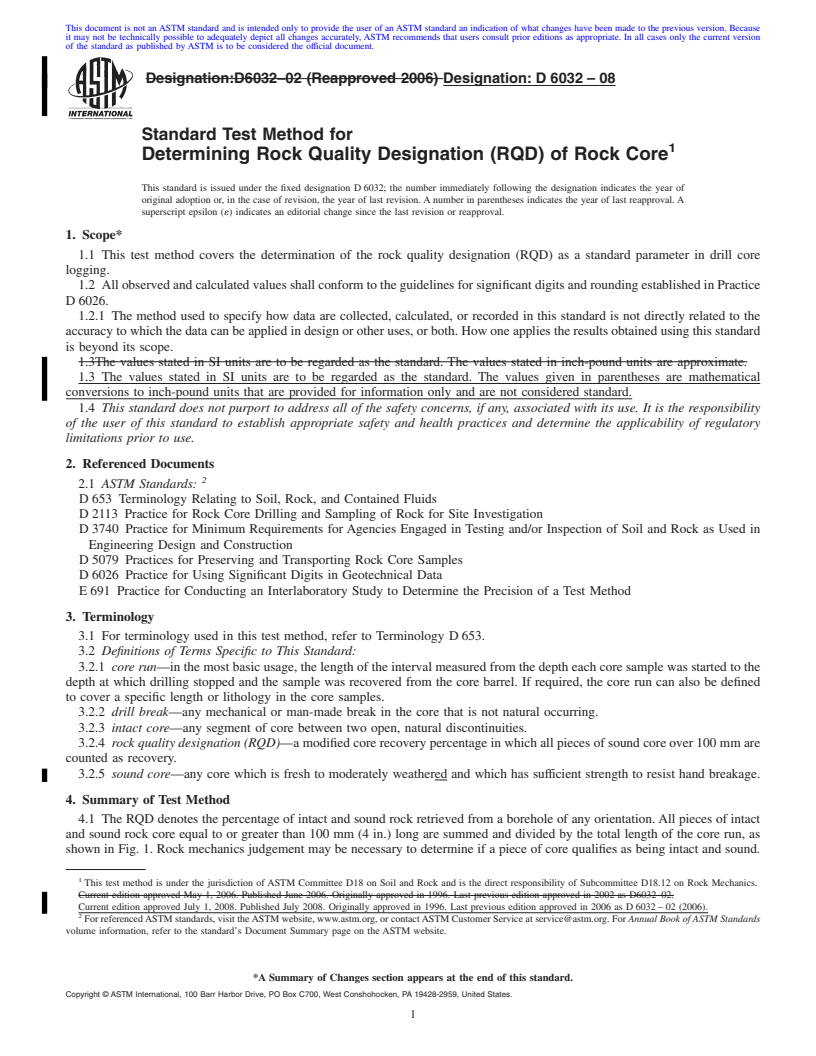 REDLINE ASTM D6032-08 - Standard Test Method for  Determining Rock Quality Designation (RQD) of Rock Core