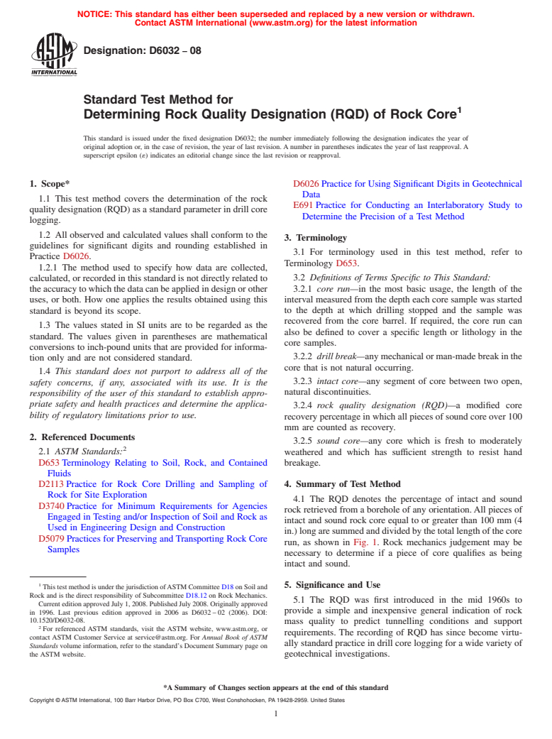 ASTM D6032-08 - Standard Test Method for  Determining Rock Quality Designation (RQD) of Rock Core