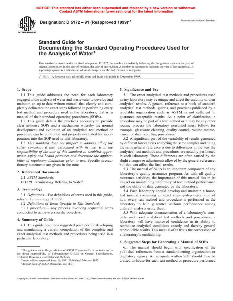 ASTM D5172-91(1999)e1 - Standard Guide for Documenting the Standard Operating Procedures Used for the Analysis of Water