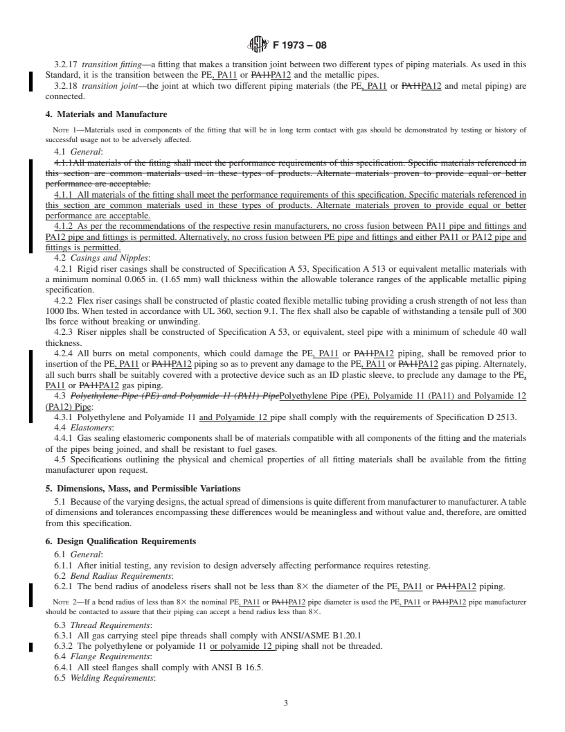 REDLINE ASTM F1973-08 - Standard Specification for Factory Assembled Anodeless Risers and Transition Fittings in Polyethylene (PE) and Polyamide 11 (PA11) and Polyamide 12 (PA12) Fuel Gas Distribution Systems