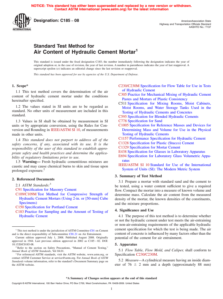 ASTM C185-08 - Standard Test Method for  Air Content of Hydraulic Cement Mortar