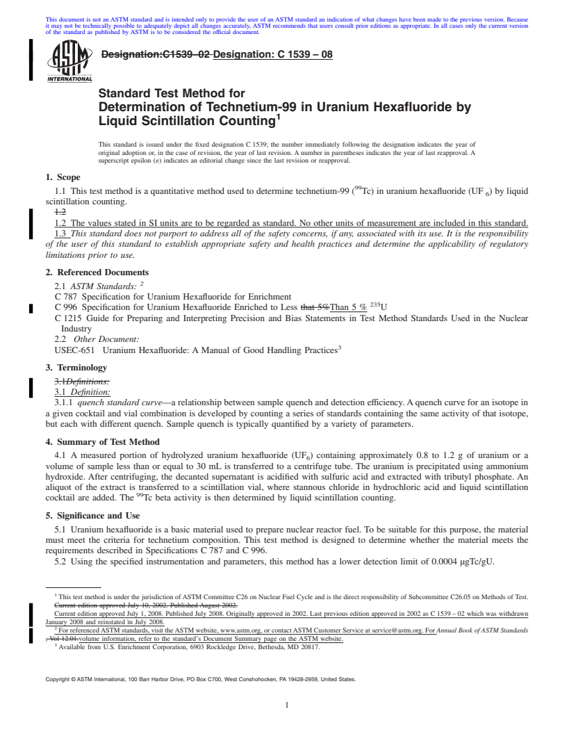 REDLINE ASTM C1539-08 - Standard Test Method for Determination of Technetium-99 in Uranium Hexafluoride by Liquid Scintillation Counting