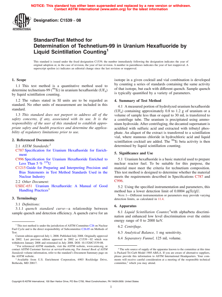 ASTM C1539-08 - Standard Test Method for Determination of Technetium-99 in Uranium Hexafluoride by Liquid Scintillation Counting