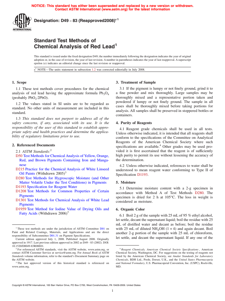 ASTM D49-83(2008)e1 - Standard Test Methods of  Chemical Analysis of Red Lead