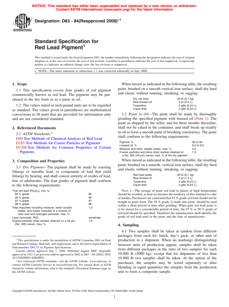 ASTM D83-84(2008)e1 - Standard Specification for  Red Lead Pigment