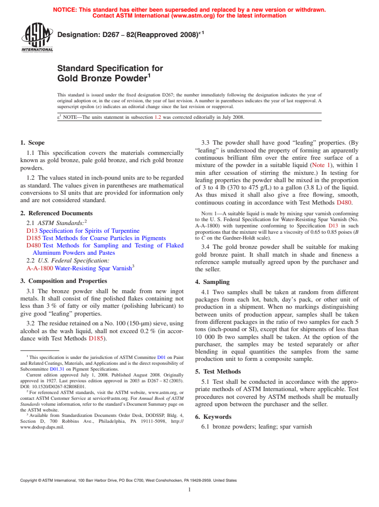ASTM D267-82(2008)e1 - Standard Specification for Gold Bronze Powder