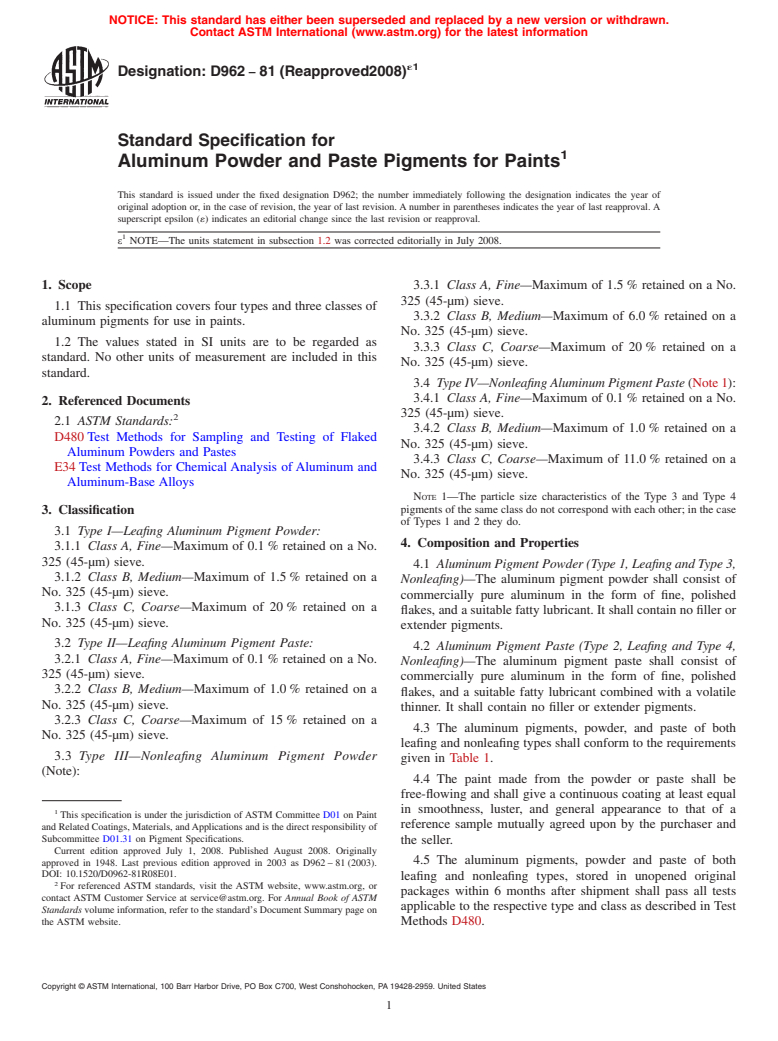 ASTM D962-81(2008)e1 - Standard Specification for  Aluminum Powder and Paste Pigments for Paints