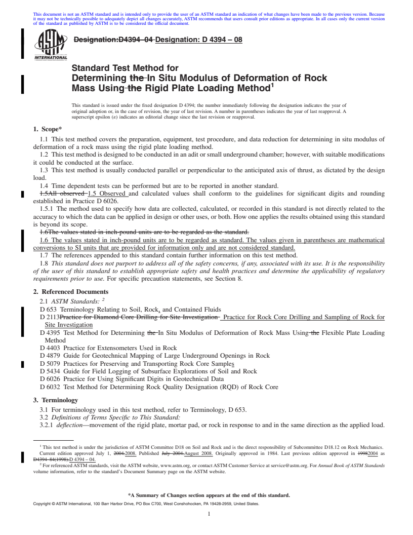 REDLINE ASTM D4394-08 - Standard Test Method for  Determining In Situ Modulus of Deformation of Rock Mass Using Rigid Plate Loading Method