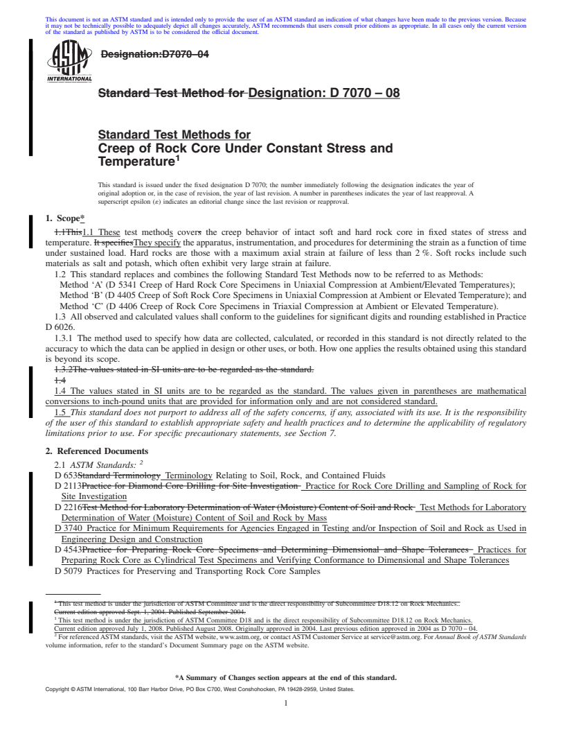 REDLINE ASTM D7070-08 - Standard Test Methods for Creep of Rock Core Under Constant Stress and Temperature